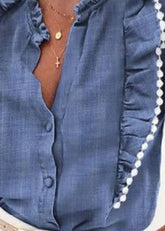 Blaues, gerüschtes Patchwork-Jeanstop mit kurzen Ärmeln